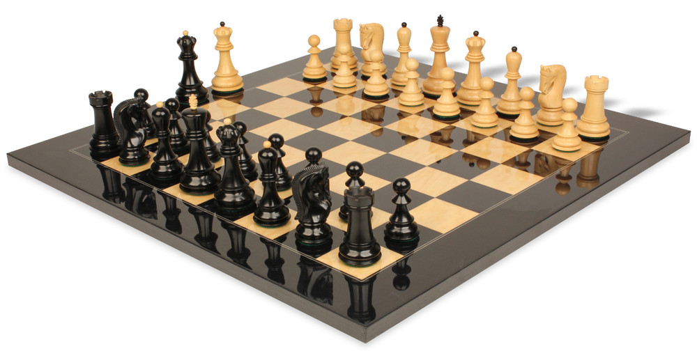 Zagreb Series Chess Set - Ebonized & Boxwood Pieces - Black & Ash Burl Chess Board - 3.25" King